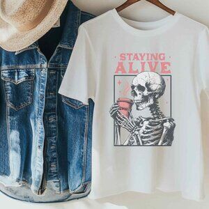 Vintage Skeleton Graphic Tee Halloween Coquette Spooky Style T-Shirt Funny